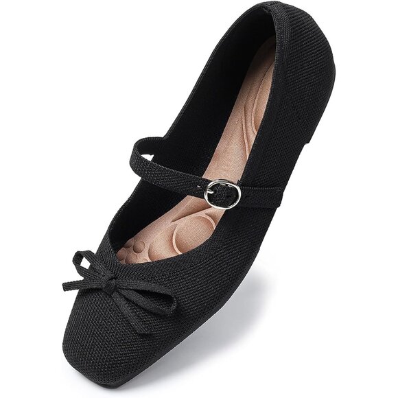 Women Black Fabric Upper And Rubber Sole Casual Ballet Flats With Ankle Strap - Picture 4 of 6